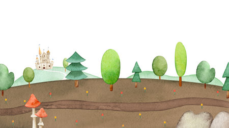 Watercolor landscape background with firs and trees. Path leading to the castle on a hill.の写真素材