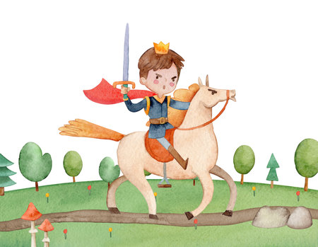 Watercolor cartoon prince rides a white horse. Kiddish illustration of the cartoon horse galloping across the field.の写真素材