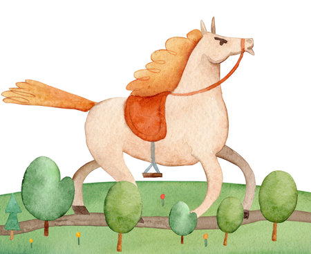 Watercolor cartoon horse. Kiddish illustration of the cartoon horse galloping across the field.の写真素材