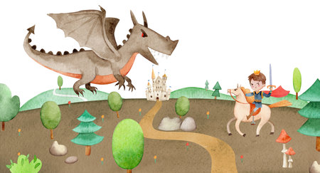 Illustration of a Prince fights against Giant scary dragon. Beautiful fairytale castle on the background. Watercolor castle on a hill surrounded by trees, mushrooms and plants.の写真素材