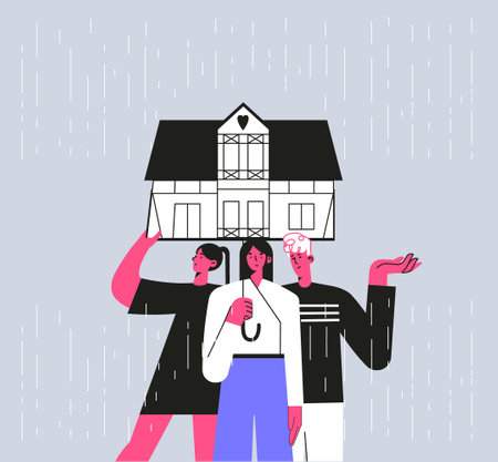 Illustration of a friends under the umbrella in the form of hose on a rainy day. Family at home, Flat style illustration. Concept of self isolation, social distのイラスト素材