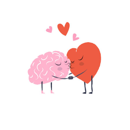Cartoon Illustration of the Heart and Brain. Heart and Brain are in love hold hands and kiss each other. Happy Valentines Day Lettering.のイラスト素材