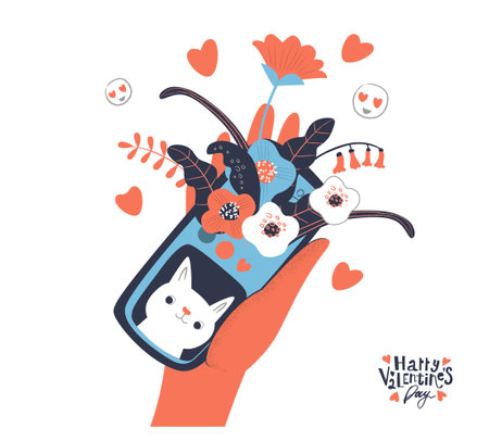 Woman hand holding smartphone with congrats messages, cute cat and flowers.のイラスト素材