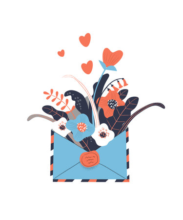 Open love letter with flowers inside over envelope vector illustrationのイラスト素材