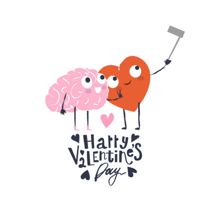 Cartoon Heart and Brain take selfie. Happy Valentines Day Design.のイラスト素材