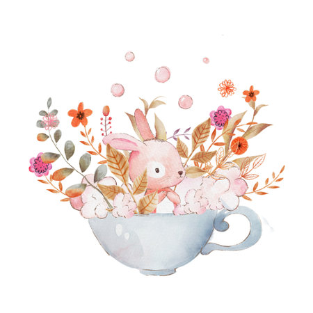 Card with watercolor rabbit in a cup full of foam and flowers. Romantic hand painted watercolor bunny illustration.の写真素材