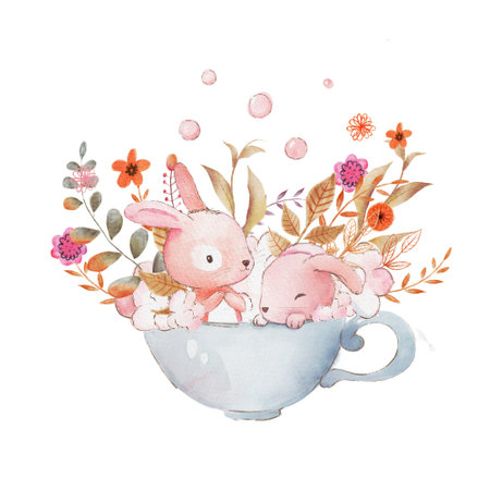 Card with two watercolor rabbits in a cup full of flowers. Romantic hand painted watercolor bunny illustration.の写真素材