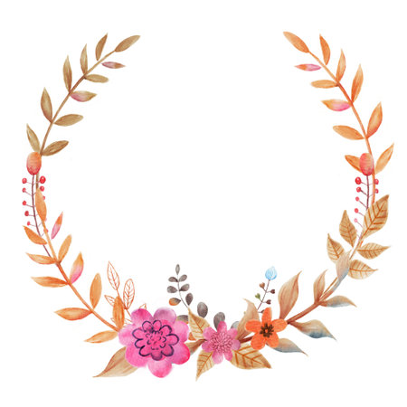 Watercolor Leaf and Flowers round frame. Illustration of hand drawn natural wreath for invitation cards, save the date, wedding card design.の写真素材