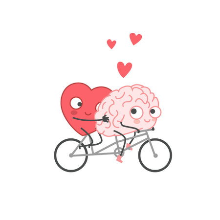 Cartoon Illustration of the Heart and Brain ride Bicycle. Heart and Brain fall in love. Happy Valentines Day Lettering.のイラスト素材