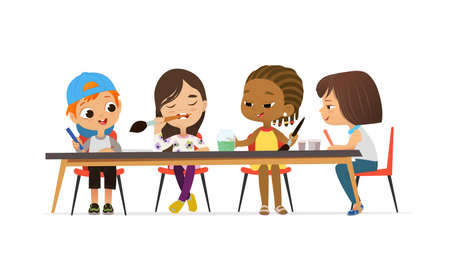 Boys and Girls Draw Pictures with pencils and watercolor paints. Isolated on a White Background. Drawing activity in the art class. Boy and Girl Draw Pictures with paints and pencils.のイラスト素材