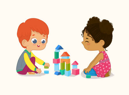 Preschool Red Hair Boy and African American Girl Kids playing with wooden bricks and blocks together in kindergarten room. Vector illustration isolated on white backgroundの写真素材