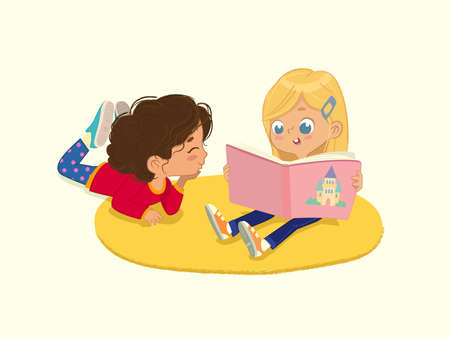 illustration of two friends girls reading the book in a book corner in the kindergarten. Isolated.のイラスト素材