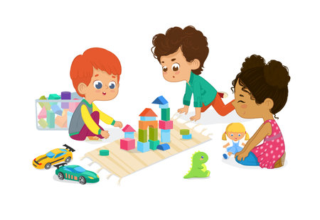 Children sit in circle and play with toys in the kindergarten classroom, play with wooden toy blocks, cars, doll and laugh. Learning through entertainment concept.の写真素材