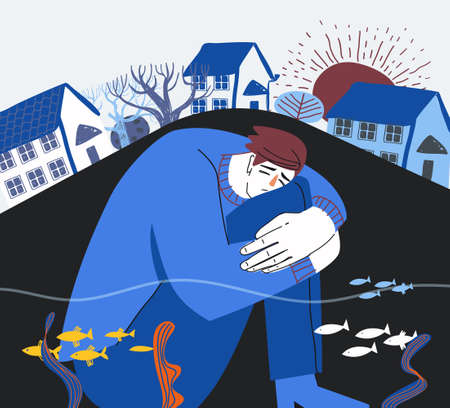 Young man in confused situation and depressed, Young man sitting and unhappy hugging his knees. Man in with gloomy thoughts. Support concept for those who are under stress. Man alone on a city.のイラスト素材