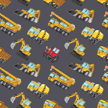 Seamless pattern with yellow Trucks, Cars and Road Signs. Red tractor, Excavator, Digger machine, Building machines, Concrete Mixer.のイラスト素材