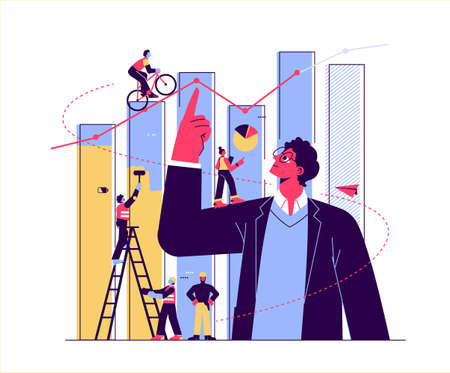 Financial advisor illustration, study infographics on column graph, analyze evolutionary scale, business, financial planning, stock market, unemployment, inflation impact. Vectorのイラスト素材