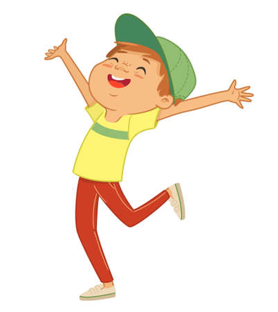 Illustration of Happy Caucasian boy jumping and dancing.のイラスト素材