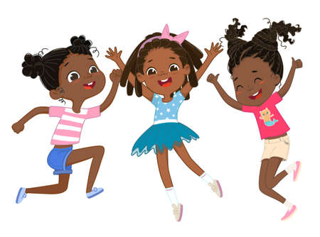Cute happy african american girls play together, jumping and dancing fun against the background. Laughing girls, vector background for poster, cover, etc.のイラスト素材