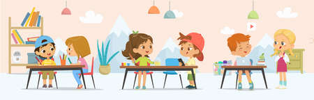Funny kids spending time at art classroom together painting, drawing, use laptop vector illustrationのイラスト素材