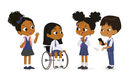 Dark skin little girl in wheelchair greeting multiracial diversity classmates at primary class vector illustration. Elementary pupils wearing school uniform studying at inclusion education isolatedのイラスト素材