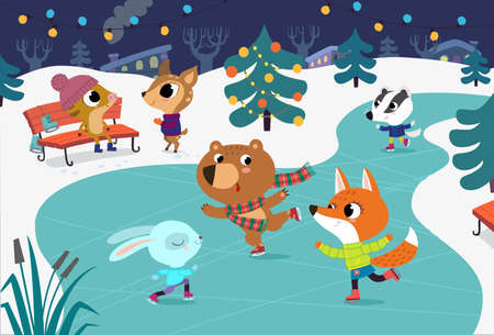 Cute baby animals skate on frozen river. Children have fun in the winter. Little fox, rabbit, badger and bear have fun in the ice rink. Holiday winter background with festive Christmas tree.のイラスト素材