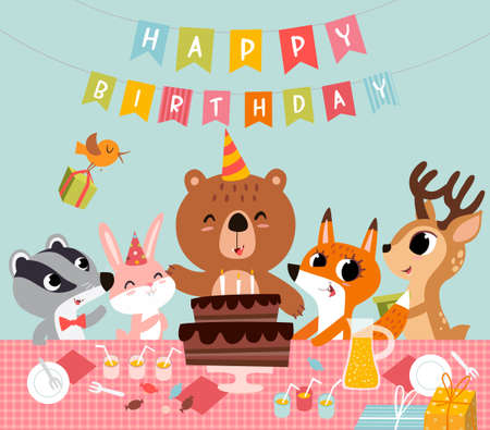 Funny happy birthday card. Cute baby animals together bear, bunny, fawn and badger with tasty cake in vector. Cartoon festive childish backgroundのイラスト素材