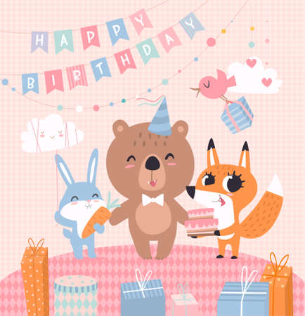 Funny happy birthday card. Cute baby animals together bear, bunny, and fox with tasty cake in vector. Pink pastel color cartoon festive childish card backgroundのイラスト素材