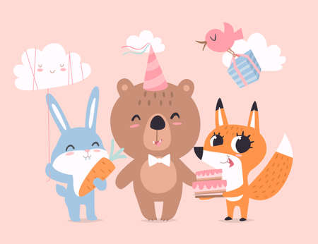 Funny and cute baby animals together: bear, bunny, and fox with tasty cake in vector. Pink pastel color cartoon festive childish card background.のイラスト素材