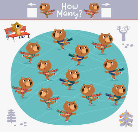 Cartoon Vector Illustration of Education Counting Game for Preschool Children. How many bearsare skating on the ice rinkのイラスト素材
