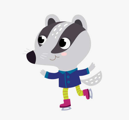 A cute little badger wearing a fancy clothes jacket and pants skating on a frozen river. The badger is having fun at the rink. Childish character illustrationのイラスト素材