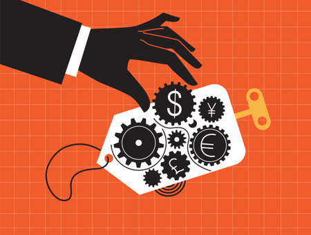 The economy as a clockwork symbol. Abstract vector illustration of the sale tag, urrency converter, online money transfer, euro and dollar coins, mobile banking, finance, digital money market. Buying and selling, purchasing power inflation.のイラスト素材
