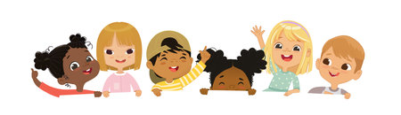 Happy multicultural children hold a blank poster. Template for advertising brochure. Cute little kids on a white background panorama template. Funny cartoon character. Vector cartoon illustration. Isolated on white.のイラスト素材