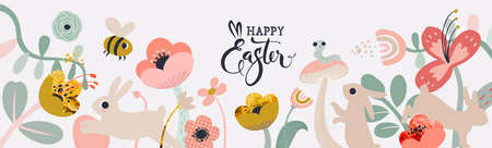 Happy Easter banner. Easter design with typography, Flowers strokes, dots, eggs, and bunny in pastel...