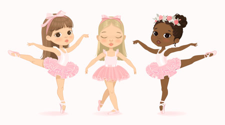 Cute Ballerina Girl Dancing. Three Multicultural Ballerinas Set. African American Child wear Pink Tutu Dress and Dancing Pointe Training. Caucasian Ballet Baby Girl Cartoon Illustration.のイラスト素材