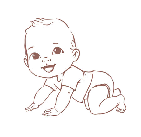 Cute little baby boy in diaper. Active baby of 3-12 months. First year baby development. Newborn crawling and smiling. Happy healthy baby Caucasian ethnic. Line vector illustration.のイラスト素材