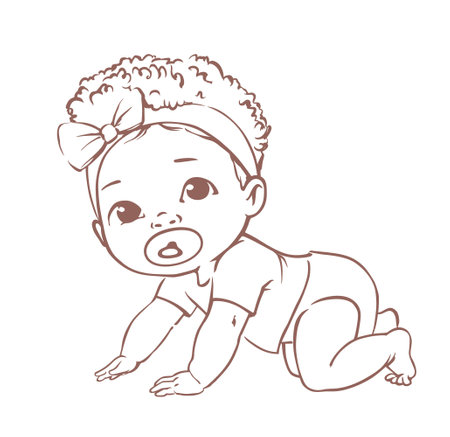 Cute little baby girl in diaper. Active baby of 3-12 months. First year baby development. Dark skin newborn crawling and smiling. Happy healthy baby African ethnic. Line vector illustration.のイラスト素材