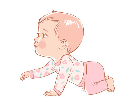Cute brown hairead baby boy crawling. Active baby of 3-12 months dressed in baby clothes. First years baby development. Vector illustration in pastel colors.のイラスト素材