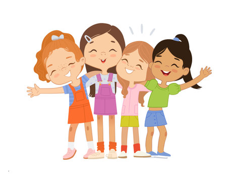 Happy multi ethnic multi aged girls hug. Girls happily hug and smile. School girls together. Best Friends Girls Selfieのイラスト素材