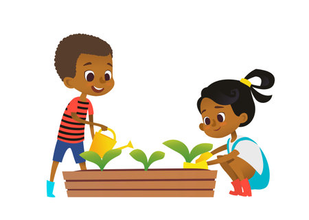 Black American boy and girl engaged in gardening in the backyard. School children watering and planting plants and flowers in the garden. Eco concept. Montessori education activity. Organic gardening. Vector illustration.のイラスト素材