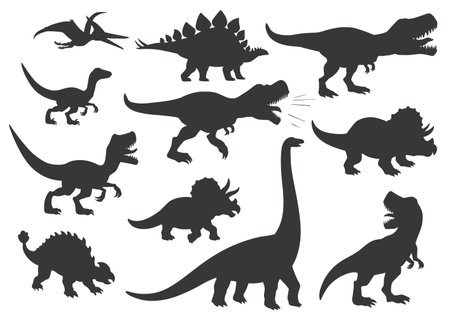 Dinosaur silhouette isolated set icon. Vector set of the dinosaurs Ankylosaurus, Brachiosaurus, Pteranodon, Stegosaurus, Triceratops, Tyrannosaurus Rex, t-rex, Velociraptor. Vector illustration dinoのイラスト素材