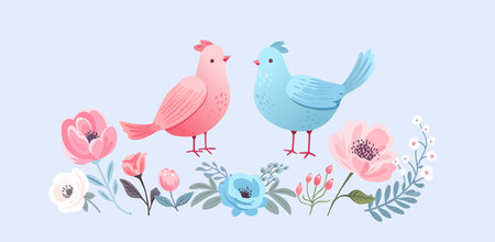 Horizontal border with pastel spring flowers and birds. Spring tender flowers border. Folk motif, greeting card, header for websiteのイラスト素材