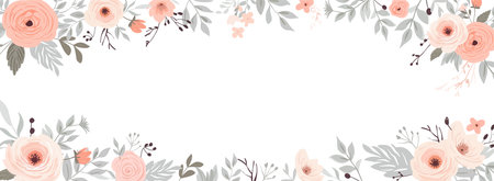 Horizontal banner with pastel pink, ivory and powder rose flowers and plants in pastel colors. Spring tender flowers border. Wedding frame poster, greeting card, header for website.のイラスト素材