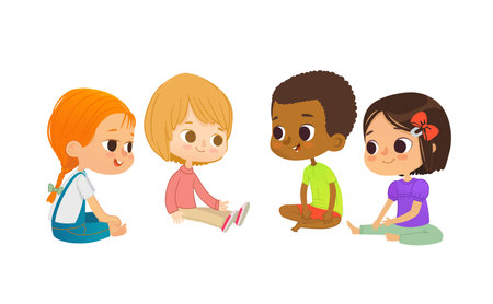 Smiling multicultural kids sit on floor in circle, play and talk. Children's entertainment, preschool and kindergarten activity concept. Vector illustration for website, banner, poster.のイラスト素材
