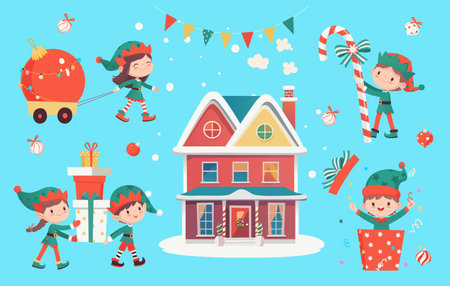 Christmas and New Year cartoon vector illustration. Cute elves with presents and candy canes.のイラスト素材
