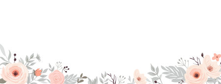 Horizontal banner with pastel pink, ivory and powder rose flowers and plants in pastel colors. Spring tender flowers border. Wedding frame poster, greeting card, header for websiteのイラスト素材