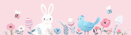 Floral spring horizontal banner. Bee, flowers, plants, cute bunnies, birds and rabbits in pastel colors. Minimalist poster, greeting card, header for websiteのイラスト素材