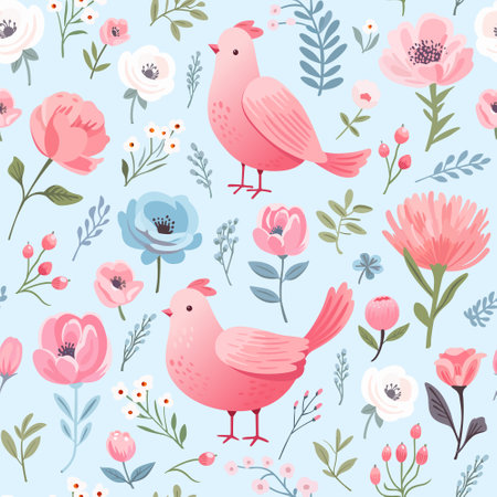 Seamless delicate pattern with spring flowers and birds. Mysterious garden. Folk motif background.のイラスト素材