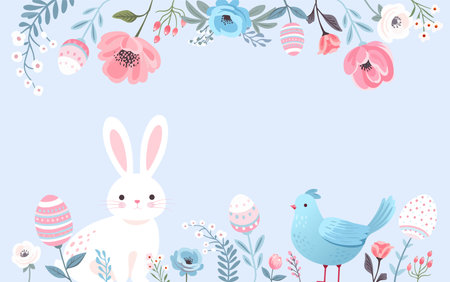 Floral spring horizontal banner. Bee, flowers, plants, cute bunnies, birds and Easter eggs in pastel colors. Minimalist poster, greeting card, header for websiteのイラスト素材