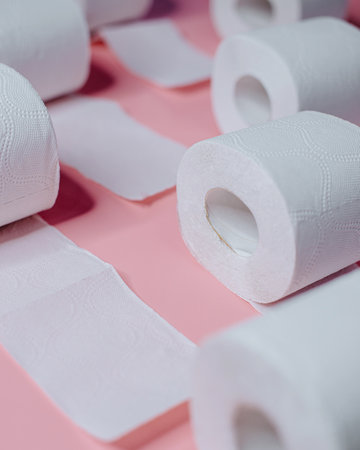 WHITE TOILET PAPER ROLLS ON PINK BACKGROUNDの写真素材