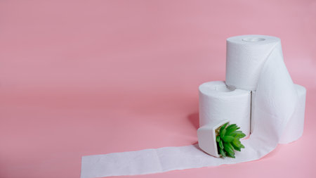 WHITE TOILET PAPER ROLLS ON PINK BACKGROUND